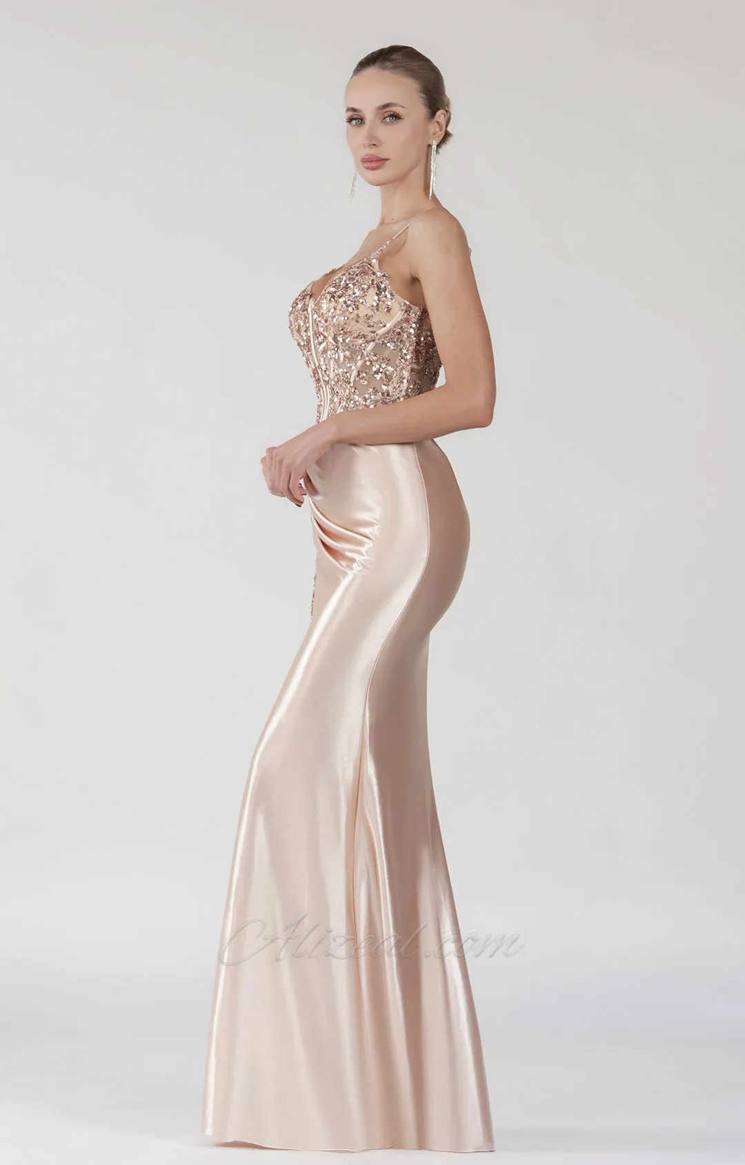 V-Neck Beaded Appliqued Lace Split Corset Prom Dress
