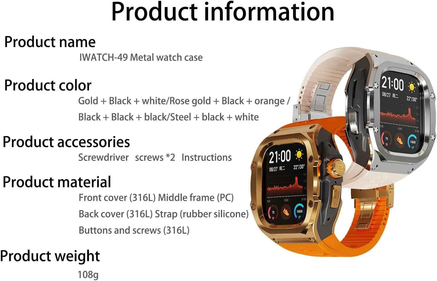 VeveXiao Rugged Case with Band Compatible with Apple Watch Ultra/Ultra 2 bands 49mm, Metal Protective Cover Case with Silicone Strap Shockproof Bumper for iWatch Ultra/Ultra2 49mm Mens Womens Strap