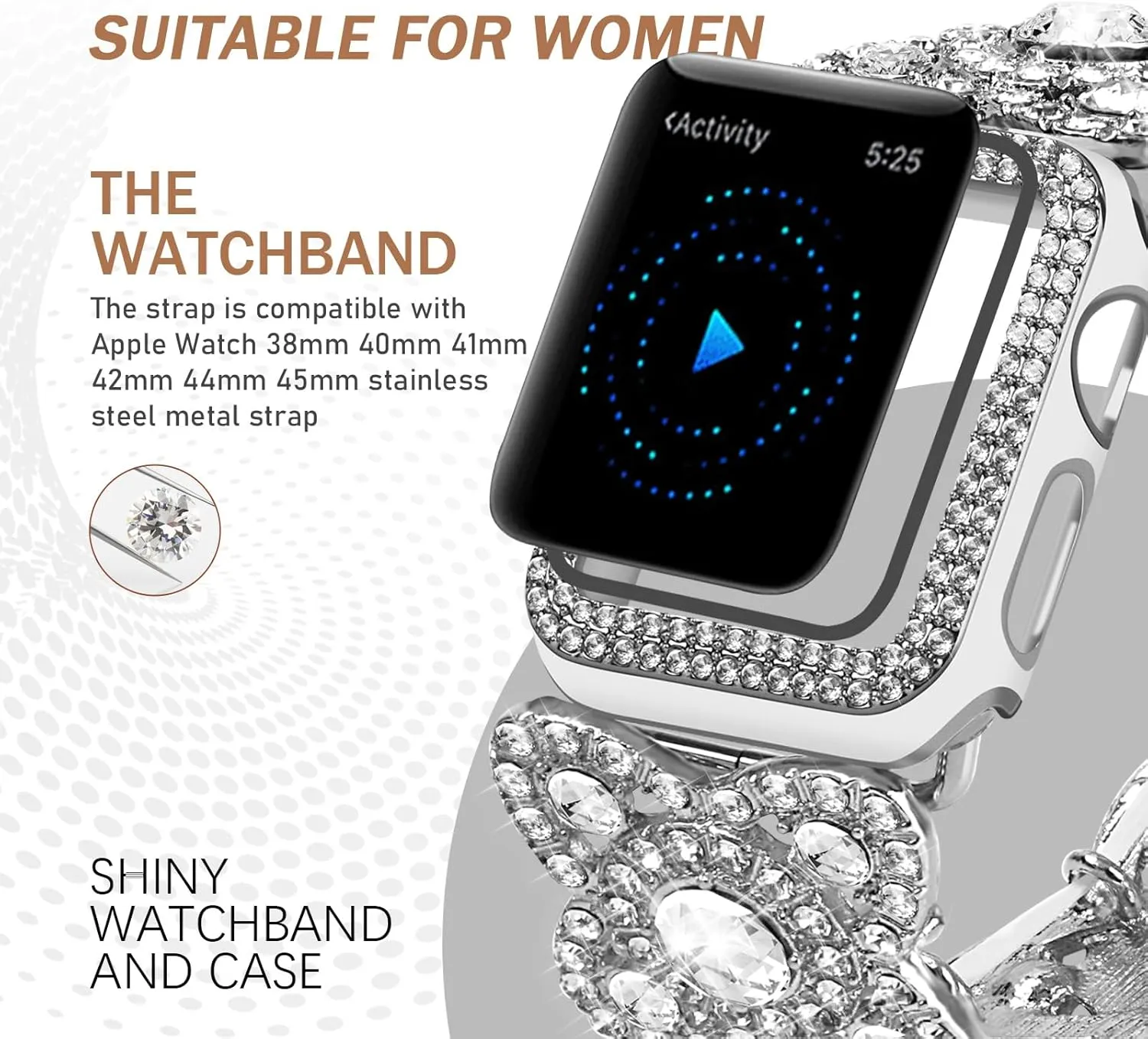 VIQIV for Bling Apple Watch Bands Series 9 8 7 6 5 4 3 SE 45mm 44mm 40mm 38mm 41mm 42mm for Women Dressy, Upgraded Starlight Stretchy Cute Bracelet with Bling Cover for iWatch Band, Diamond Rhinestone Metal Wristbands Straps