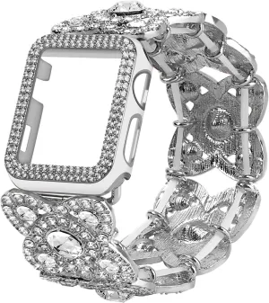 VIQIV for Bling Apple Watch Bands Series 9 8 7 6 5 4 3 SE 45mm 44mm 40mm 38mm 41mm 42mm for Women Dressy, Upgraded Starlight Stretchy Cute Bracelet with Bling Cover for iWatch Band, Diamond Rhinestone Metal Wristbands Straps