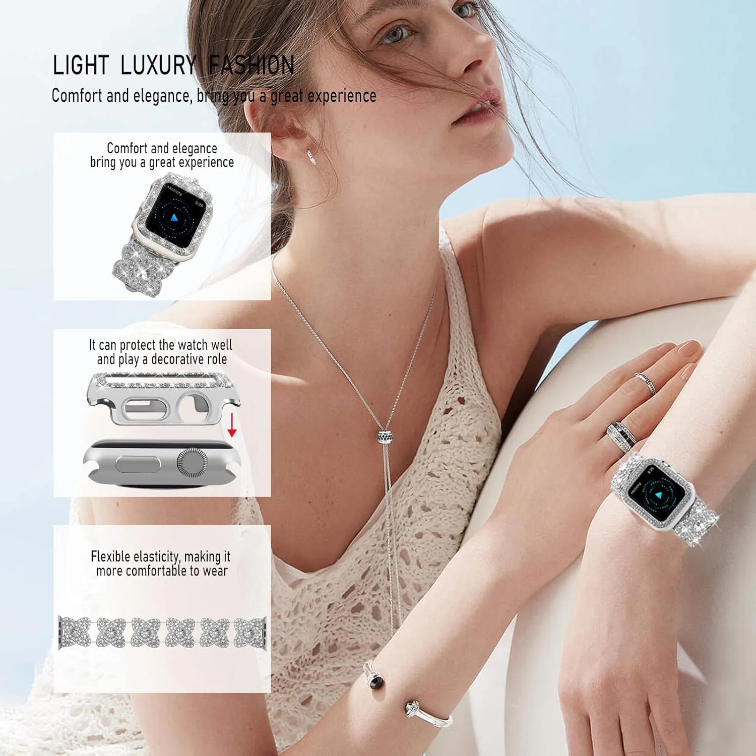VIQIV for Bling Apple Watch Bands Series 9 8 7 6 5 4 3 SE 45mm 44mm 40mm 38mm 41mm 42mm for Women Dressy, Upgraded Starlight Stretchy Cute Bracelet with Bling Cover for iWatch Band, Diamond Rhinestone Metal Wristbands Straps