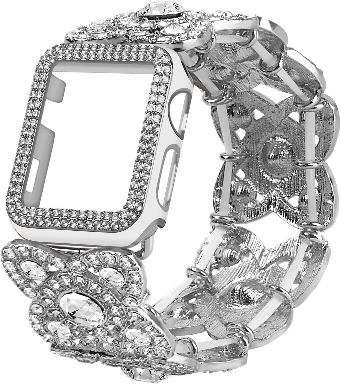 VIQIV for Bling Apple Watch Bands Series 9 8 7 6 5 4 3 SE 45mm 44mm 40mm 38mm 41mm 42mm for Women Dressy, Upgraded Starlight Stretchy Cute Bracelet with Bling Cover for iWatch Band, Diamond Rhinestone Metal Wristbands Straps