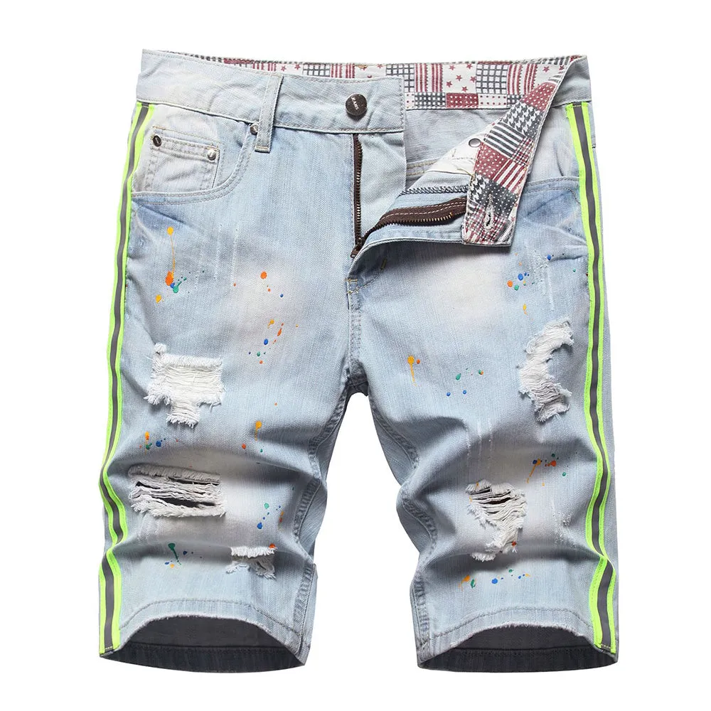 West Louis Neon Side Stripe Painted Holes Ripped Distressed Jeans Short