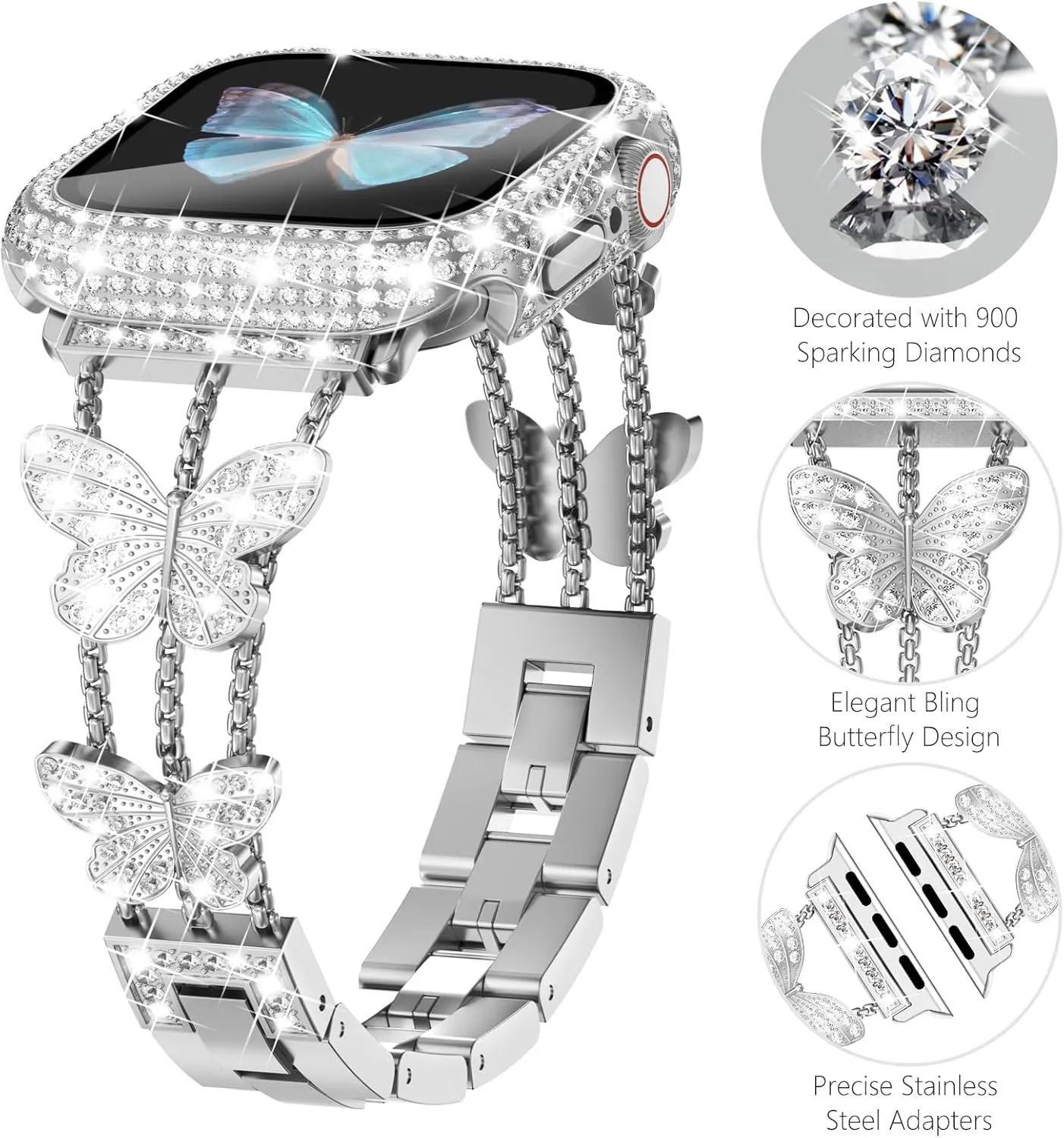 WINGLE Bling Band and Case for Apple Watch, 46mm Women's Butterfly Diamond Metal Band Rhinestone Crystal Bracelet Dressy Fancy Chain with Sparkle Screen Protector Case, Silver