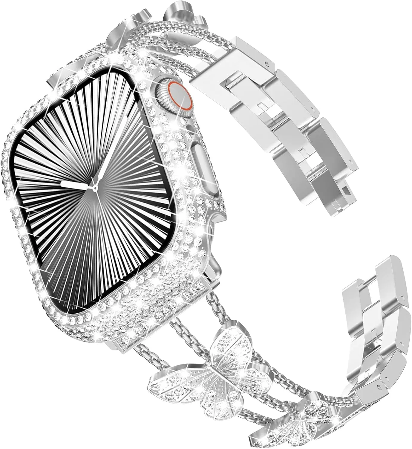 WINGLE Bling Band and Case for Apple Watch, 46mm Women's Butterfly Diamond Metal Band Rhinestone Crystal Bracelet Dressy Fancy Chain with Sparkle Screen Protector Case, Silver