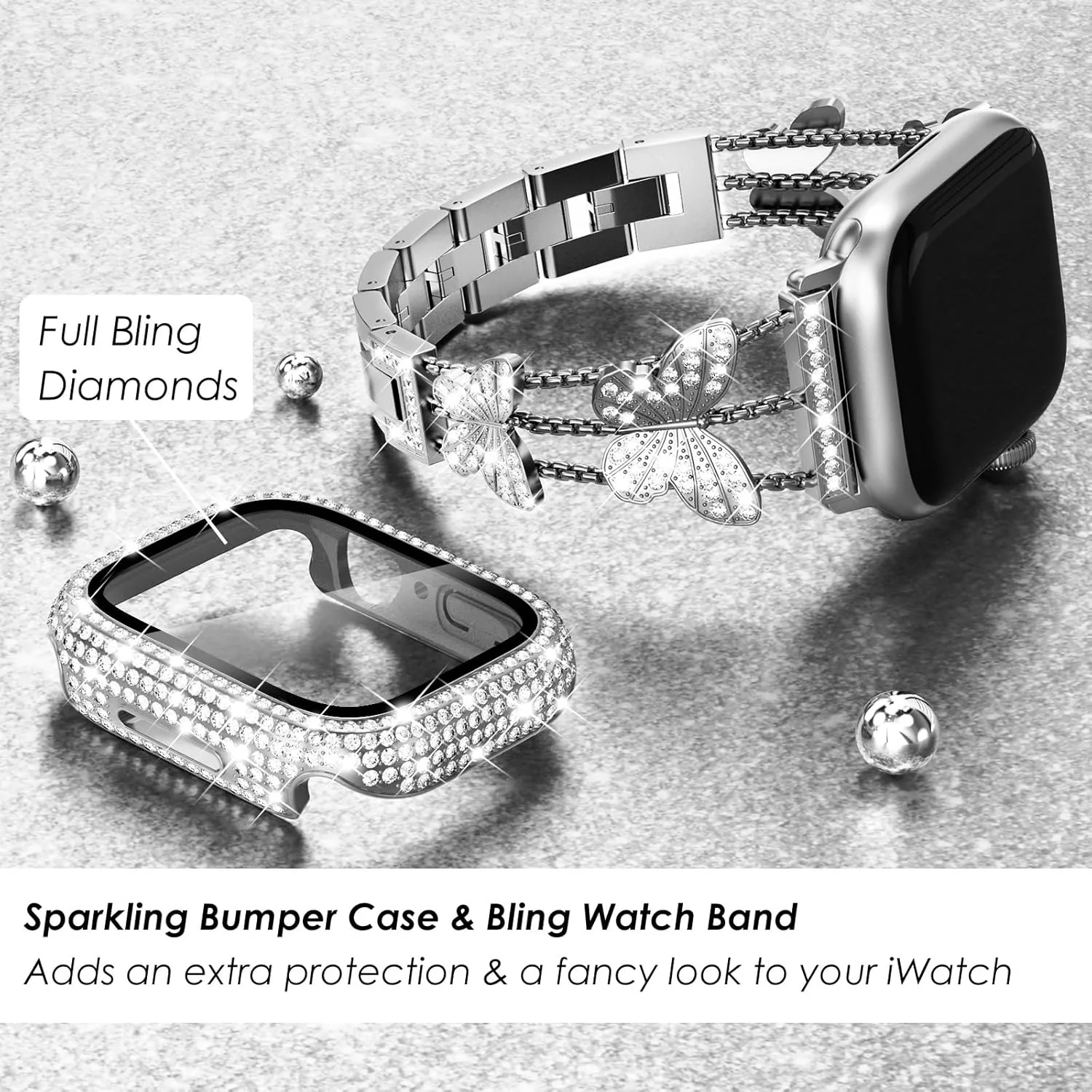 WINGLE Bling Band and Case for Apple Watch, 46mm Women's Butterfly Diamond Metal Band Rhinestone Crystal Bracelet Dressy Fancy Chain with Sparkle Screen Protector Case, Silver
