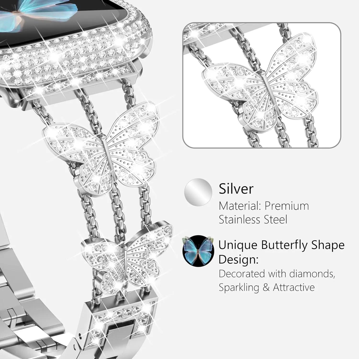 WINGLE Bling Band and Case for Apple Watch, 46mm Women's Butterfly Diamond Metal Band Rhinestone Crystal Bracelet Dressy Fancy Chain with Sparkle Screen Protector Case, Silver
