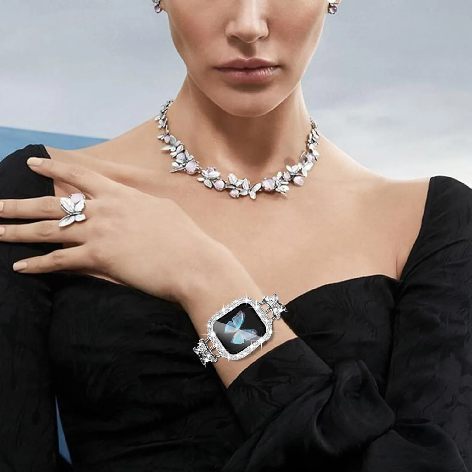 WINGLE Bling Band and Case for Apple Watch, 46mm Women's Butterfly Diamond Metal Band Rhinestone Crystal Bracelet Dressy Fancy Chain with Sparkle Screen Protector Case, Silver