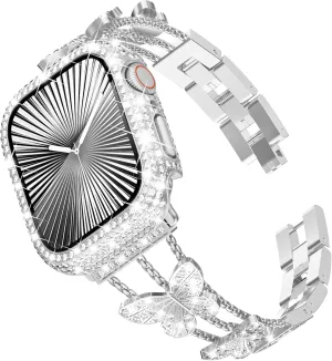 WINGLE Bling Band and Case for Apple Watch, 46mm Women's Butterfly Diamond Metal Band Rhinestone Crystal Bracelet Dressy Fancy Chain with Sparkle Screen Protector Case, Silver