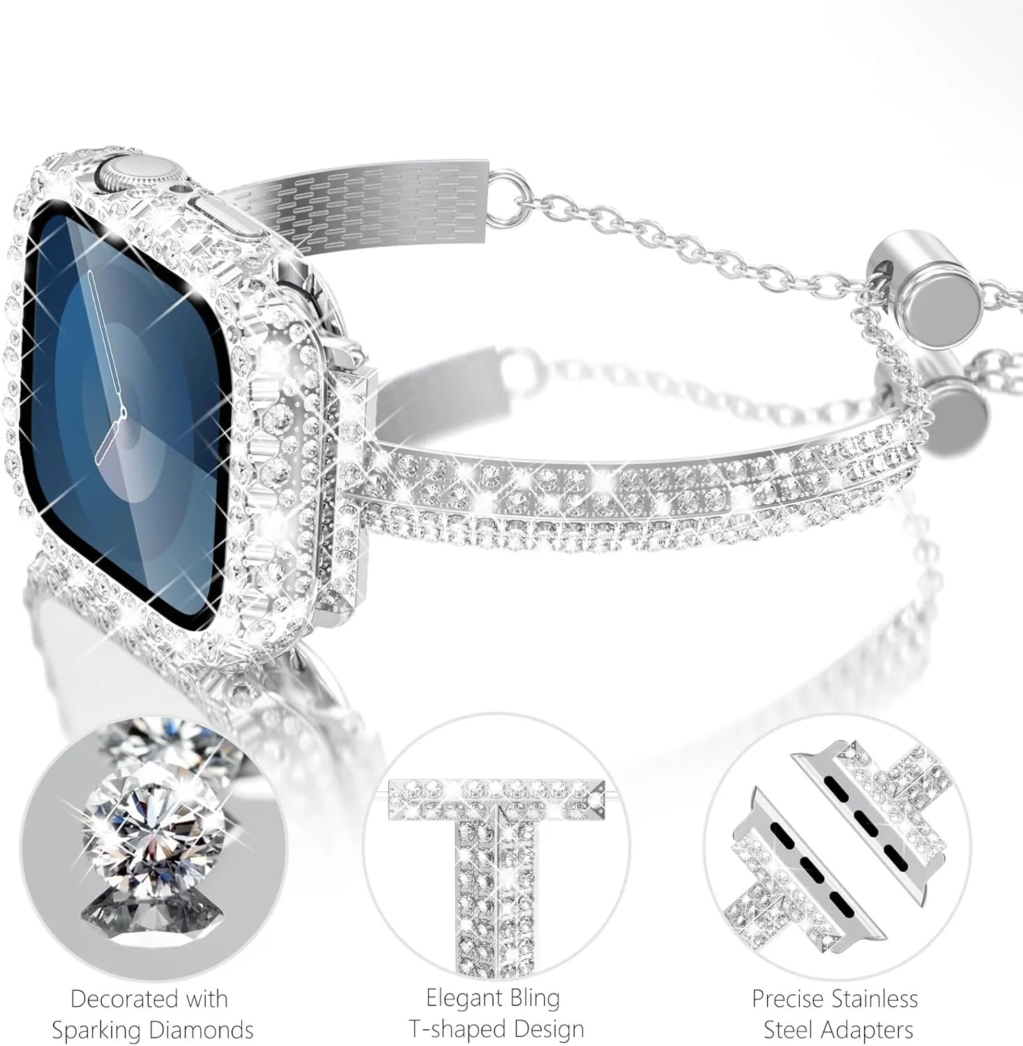WINGLE Compatible for Apple Watch Bands 41mm 40mm 38mm 45mm 44mm 42mm Women Series 9 8 7 SE 6 5 4 3, Bling Diamond Rhinestone Bracelet with Waterproof Bling Case Lace Edge Diamond Face Cover
