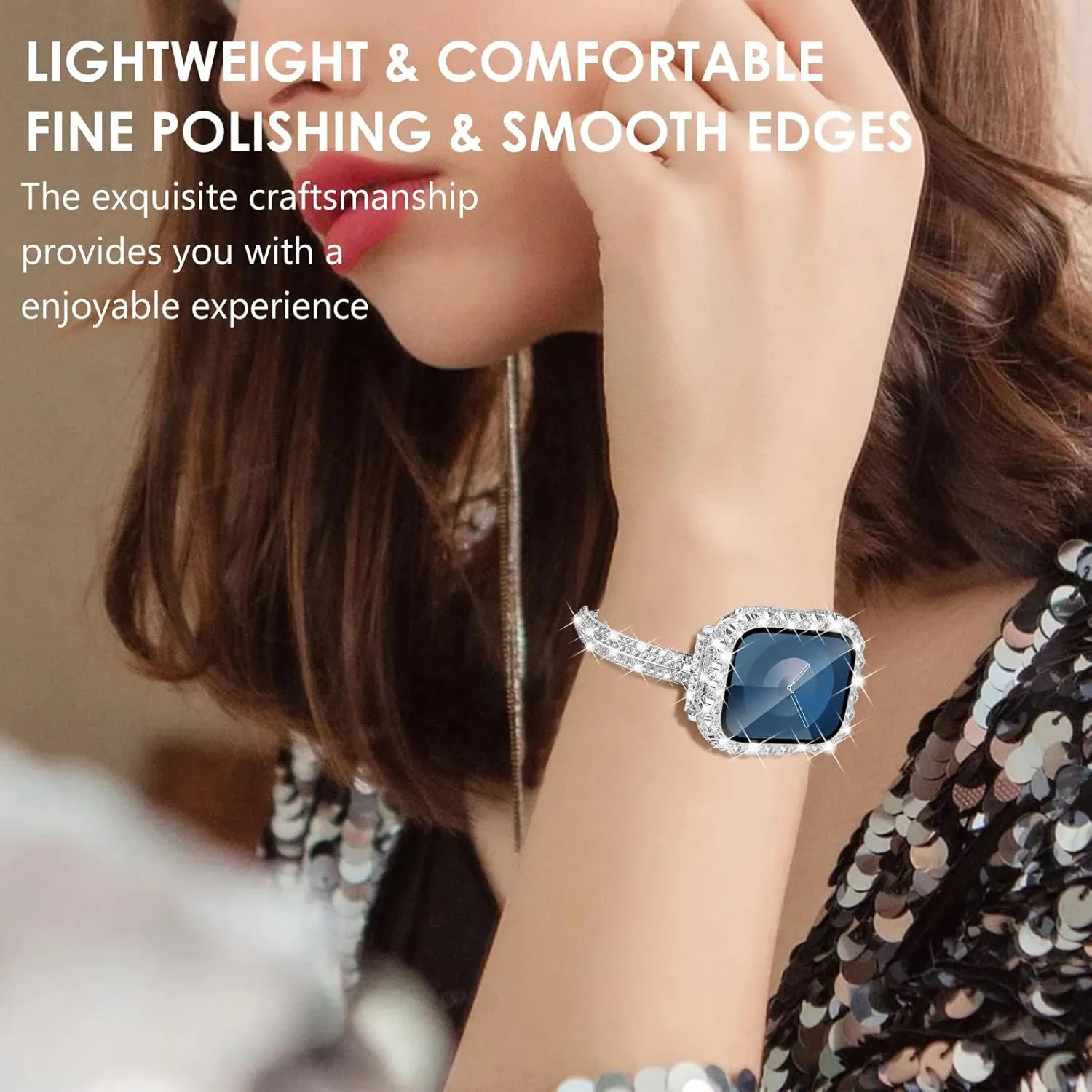 WINGLE Compatible for Apple Watch Bands 41mm 40mm 38mm 45mm 44mm 42mm Women Series 9 8 7 SE 6 5 4 3, Bling Diamond Rhinestone Bracelet with Waterproof Bling Case Lace Edge Diamond Face Cover