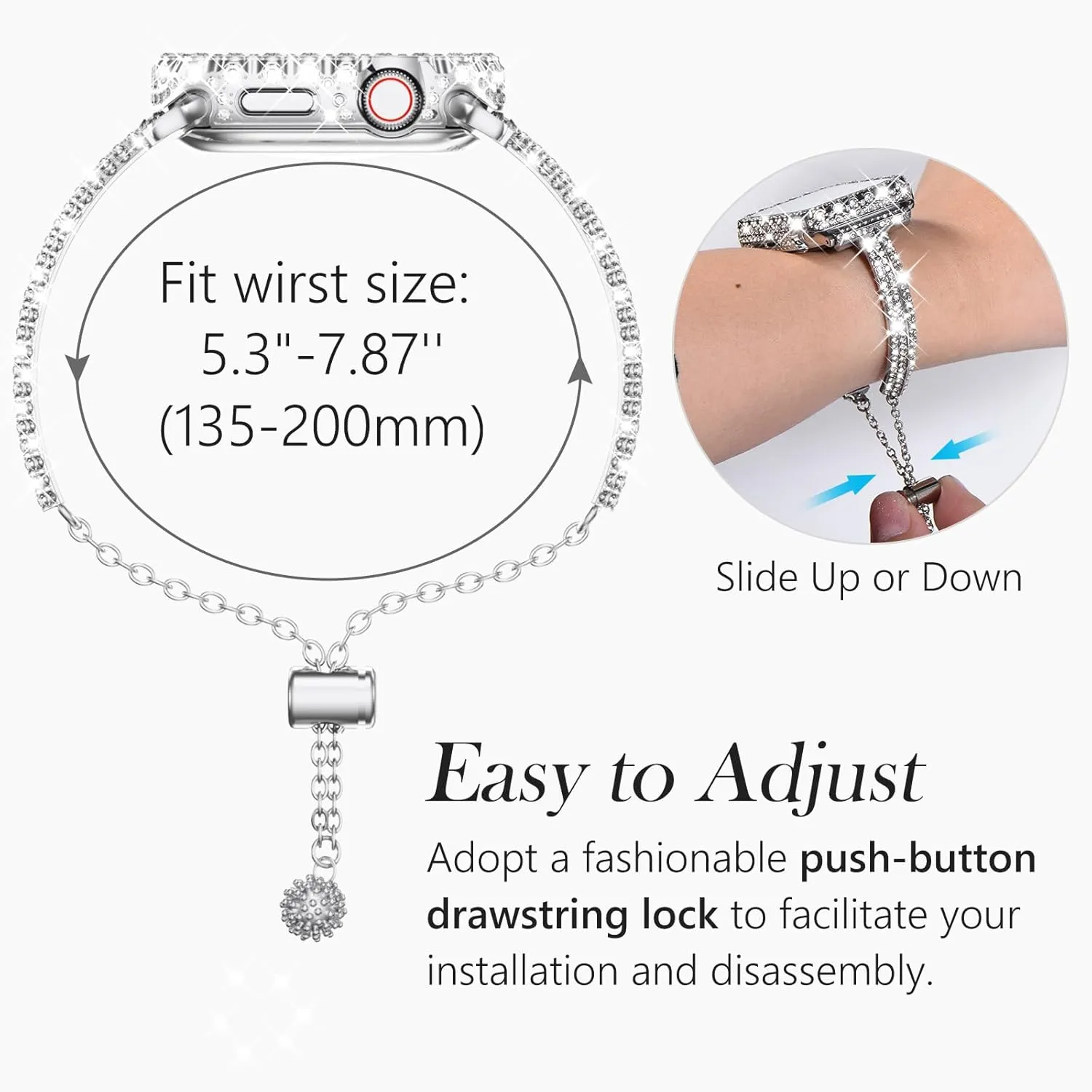 WINGLE Compatible for Apple Watch Bands 41mm 40mm 38mm 45mm 44mm 42mm Women Series 9 8 7 SE 6 5 4 3, Bling Diamond Rhinestone Bracelet with Waterproof Bling Case Lace Edge Diamond Face Cover