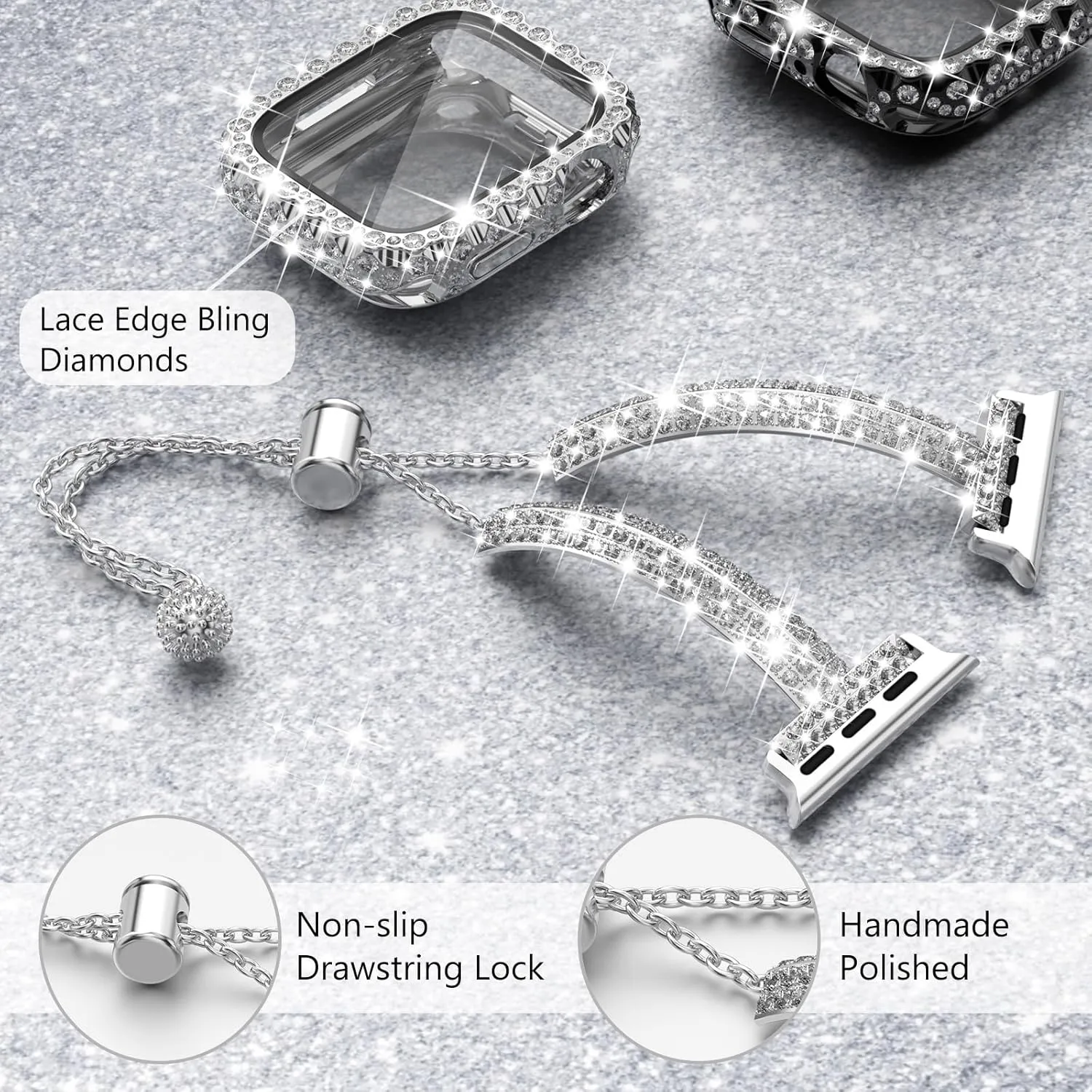 WINGLE Compatible for Apple Watch Bands 41mm 40mm 38mm 45mm 44mm 42mm Women Series 9 8 7 SE 6 5 4 3, Bling Diamond Rhinestone Bracelet with Waterproof Bling Case Lace Edge Diamond Face Cover