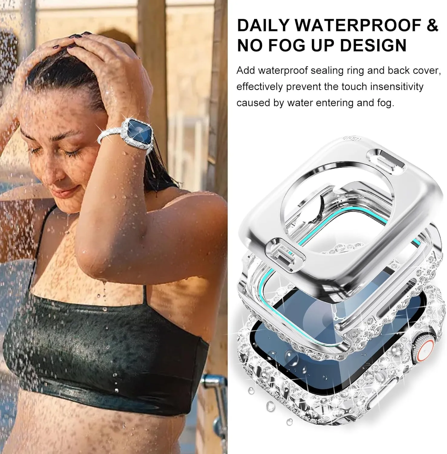 WINGLE Compatible for Apple Watch Bands 41mm 40mm 38mm 45mm 44mm 42mm Women Series 9 8 7 SE 6 5 4 3, Bling Diamond Rhinestone Bracelet with Waterproof Bling Case Lace Edge Diamond Face Cover