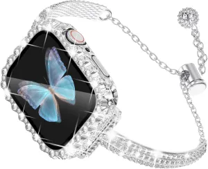WINGLE Compatible for Apple Watch Bands 41mm 40mm 38mm 45mm 44mm 42mm Women Series 9 8 7 SE 6 5 4 3, Bling Diamond Rhinestone Bracelet with Waterproof Bling Case Lace Edge Diamond Face Cover