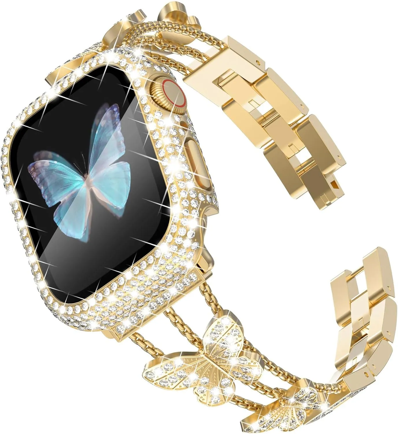 Wingle for Gold Apple Watch Bands 45mm for Women, iWatch Series 8 7 Butterfly Diamond Bracelet Rhinestone Crystal Strap Stainless Steel Metal Band with Bling Screen Protector Case Dressy Chain,45 mm