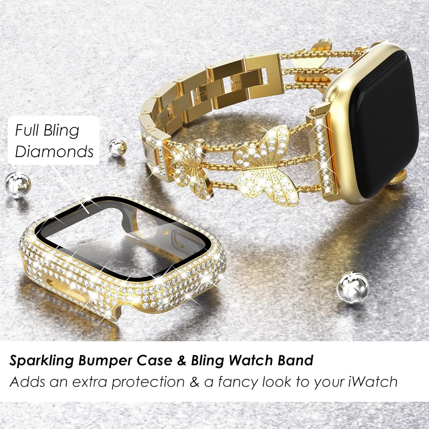 Wingle for Gold Apple Watch Bands 45mm for Women, iWatch Series 8 7 Butterfly Diamond Bracelet Rhinestone Crystal Strap Stainless Steel Metal Band with Bling Screen Protector Case Dressy Chain,45 mm