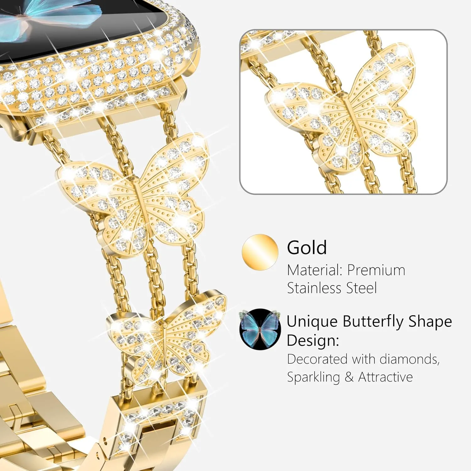 Wingle for Gold Apple Watch Bands 45mm for Women, iWatch Series 8 7 Butterfly Diamond Bracelet Rhinestone Crystal Strap Stainless Steel Metal Band with Bling Screen Protector Case Dressy Chain,45 mm
