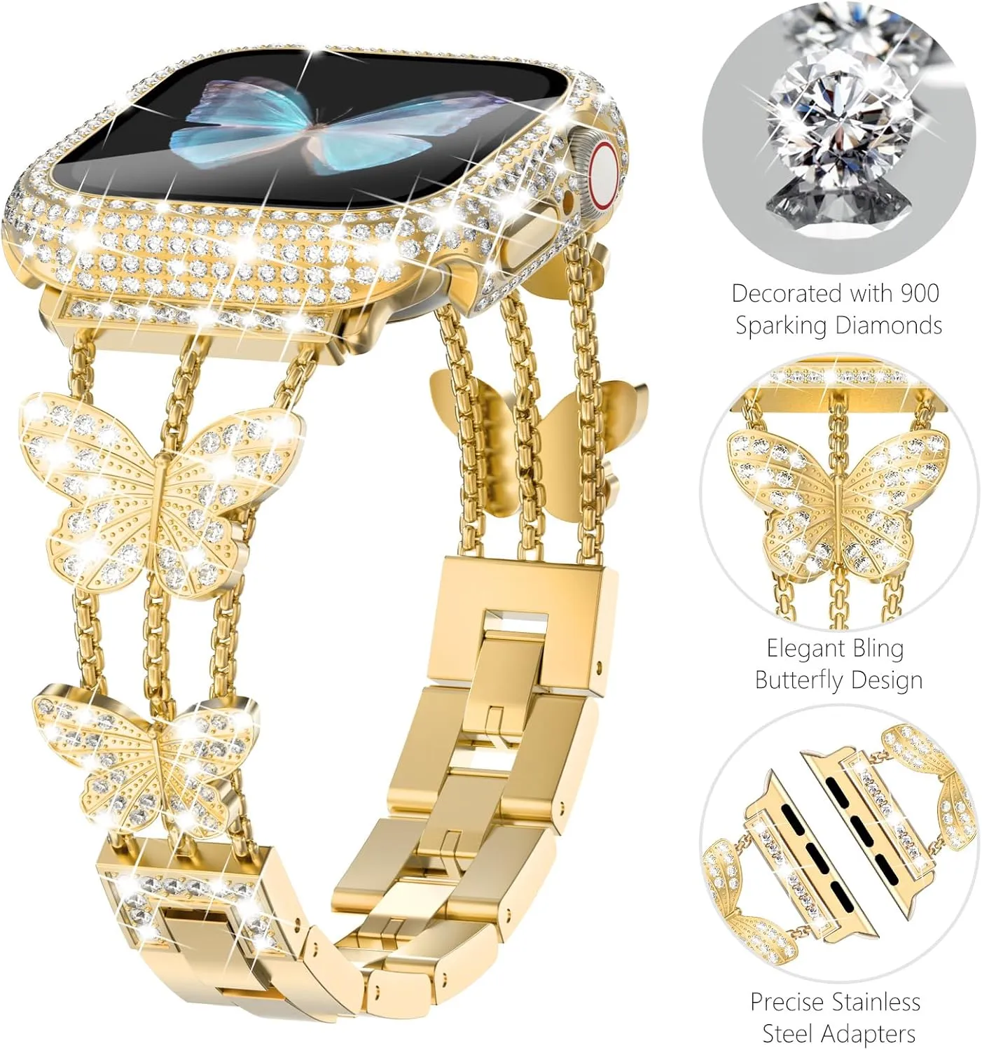 Wingle for Gold Apple Watch Bands 45mm for Women, iWatch Series 8 7 Butterfly Diamond Bracelet Rhinestone Crystal Strap Stainless Steel Metal Band with Bling Screen Protector Case Dressy Chain,45 mm