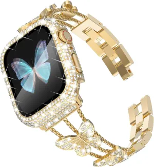 Wingle for Gold Apple Watch Bands 45mm for Women, iWatch Series 8 7 Butterfly Diamond Bracelet Rhinestone Crystal Strap Stainless Steel Metal Band with Bling Screen Protector Case Dressy Chain,45 mm