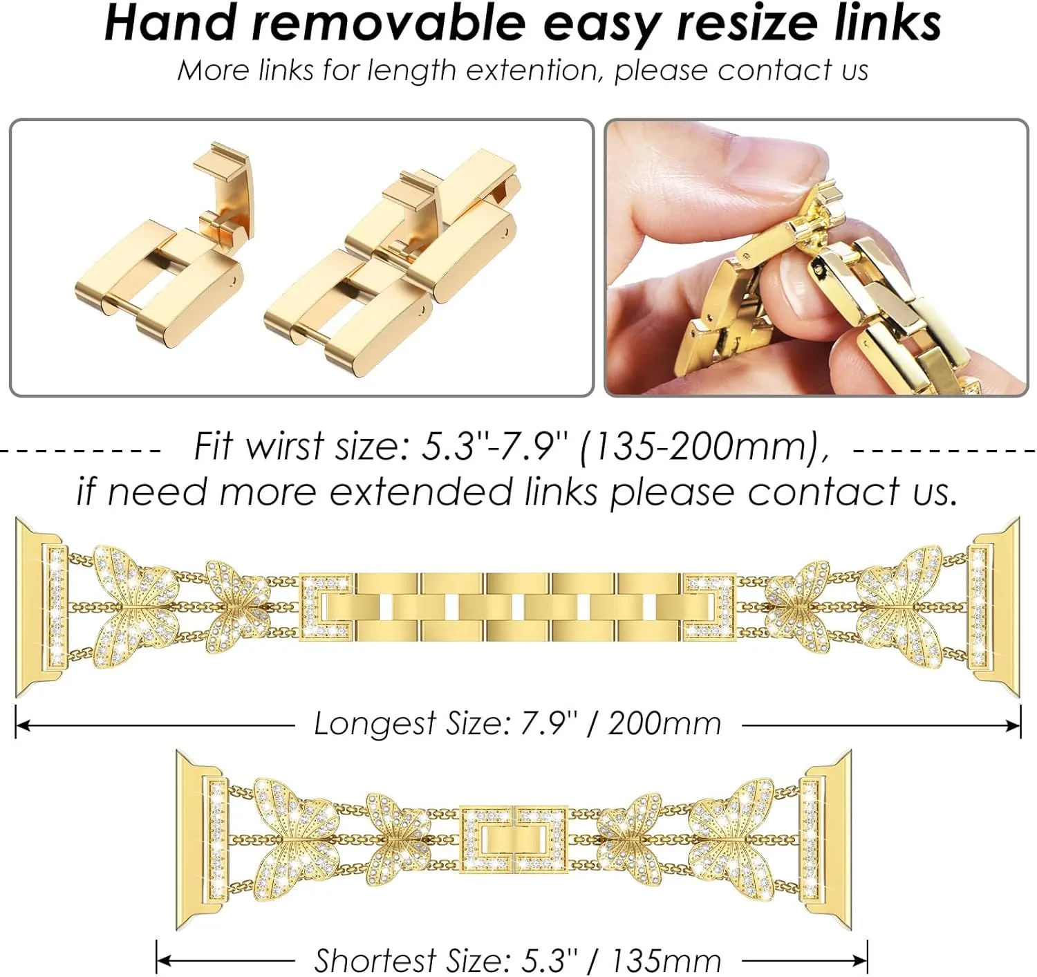 Wingle for Gold Apple Watch Bands 45mm for Women, iWatch Series 8 7 Butterfly Diamond Bracelet Rhinestone Crystal Strap Stainless Steel Metal Band with Bling Screen Protector Case Dressy Chain,45 mm