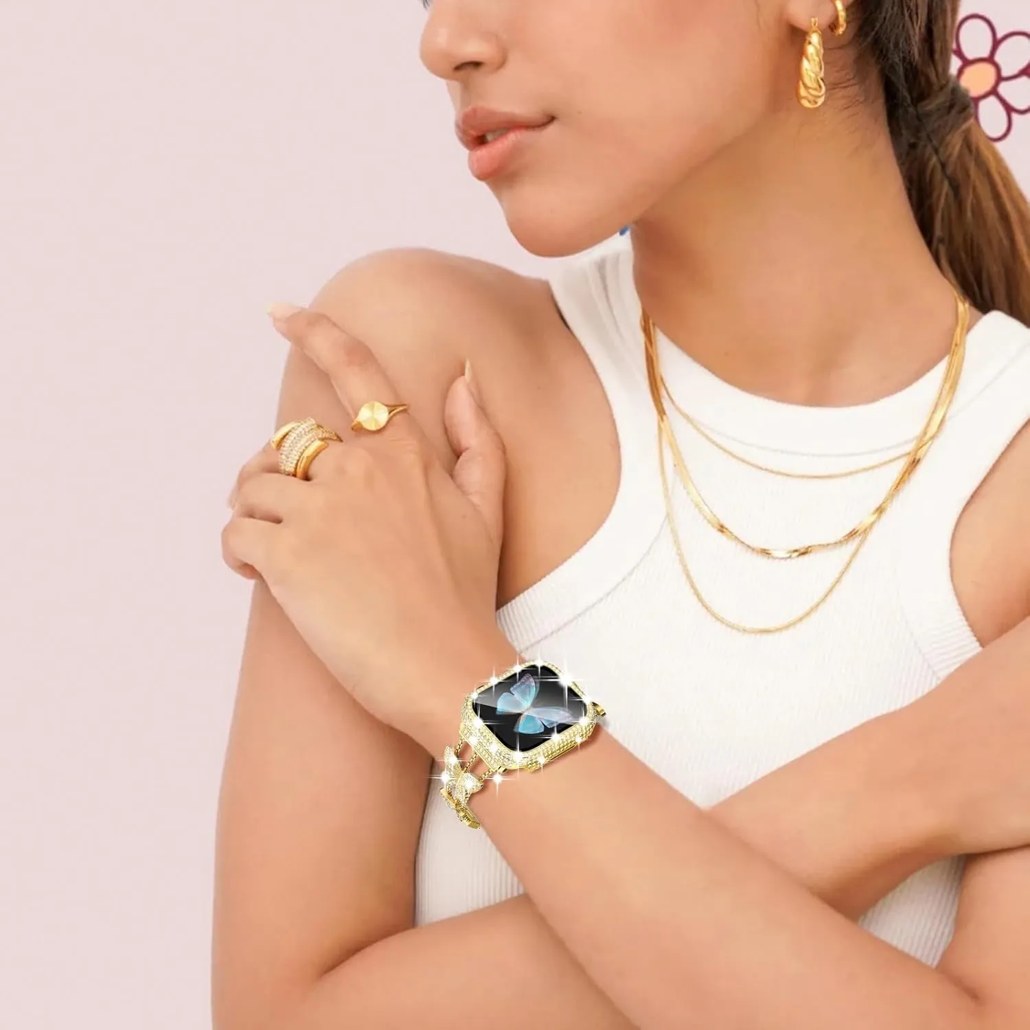 Wingle for Gold Apple Watch Bands 45mm for Women, iWatch Series 8 7 Butterfly Diamond Bracelet Rhinestone Crystal Strap Stainless Steel Metal Band with Bling Screen Protector Case Dressy Chain,45 mm