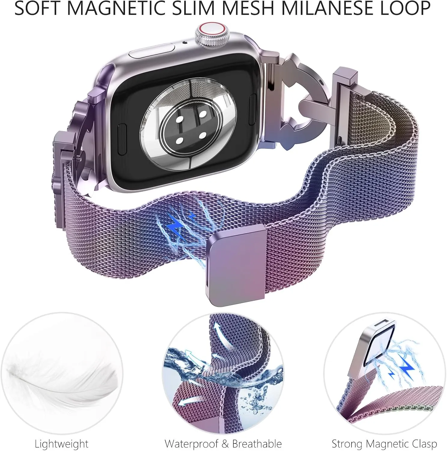 WINGLE Milanese Loop for Apple Watch Bands 42mm Series 3 2 1 Women Slim Magnetic Metal Mesh Band with Bling Glitter Case Screen Protector Dressy Apple Watch Band iWatch Strap for Woman, Iridescent