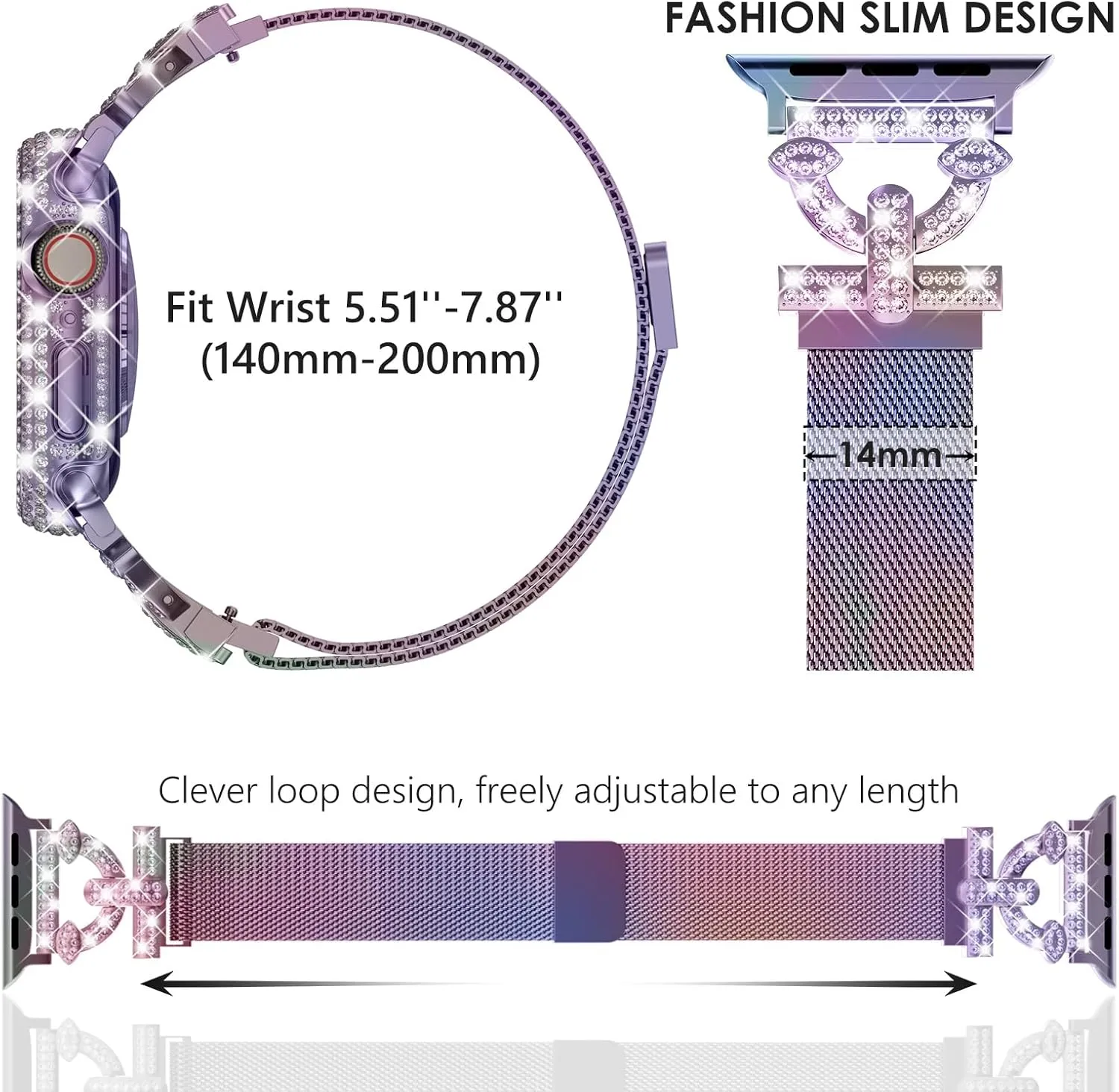 WINGLE Milanese Loop for Apple Watch Bands 42mm Series 3 2 1 Women Slim Magnetic Metal Mesh Band with Bling Glitter Case Screen Protector Dressy Apple Watch Band iWatch Strap for Woman, Iridescent