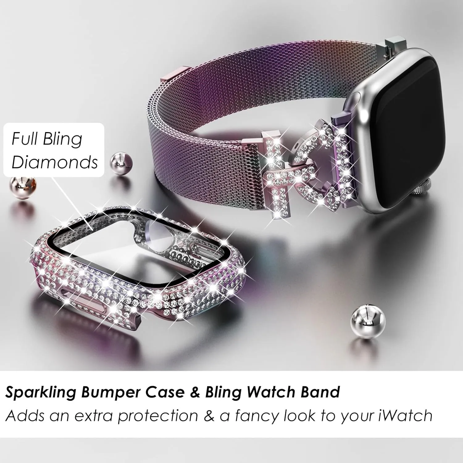 WINGLE Milanese Loop for Apple Watch Bands 42mm Series 3 2 1 Women Slim Magnetic Metal Mesh Band with Bling Glitter Case Screen Protector Dressy Apple Watch Band iWatch Strap for Woman, Iridescent