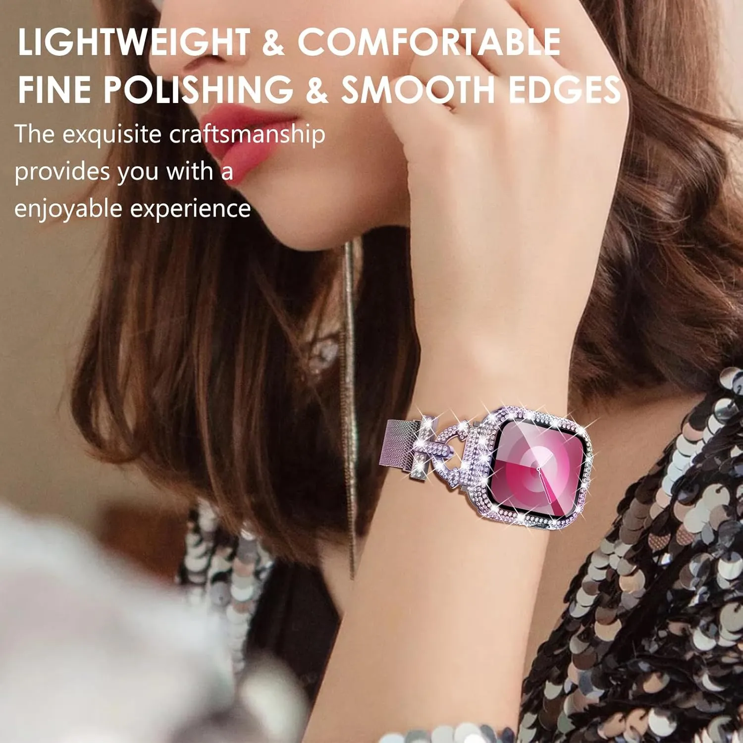 WINGLE Milanese Loop for Apple Watch Bands 42mm Series 3 2 1 Women Slim Magnetic Metal Mesh Band with Bling Glitter Case Screen Protector Dressy Apple Watch Band iWatch Strap for Woman, Iridescent
