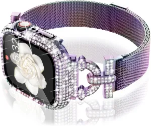 WINGLE Milanese Loop for Apple Watch Bands 42mm Series 3 2 1 Women Slim Magnetic Metal Mesh Band with Bling Glitter Case Screen Protector Dressy Apple Watch Band iWatch Strap for Woman, Iridescent