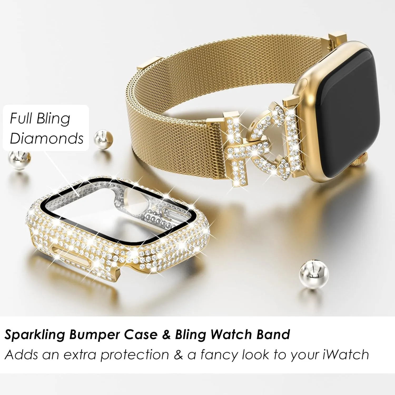 WINGLE Milanese Loop for Gold Apple Watch Bands 45mm Series 9 8 7 Women Slim Magnetic Metal Mesh Band with Bling Glitter Case Screen Protector Dressy Apple Watch Band iWatch Strap for Woman