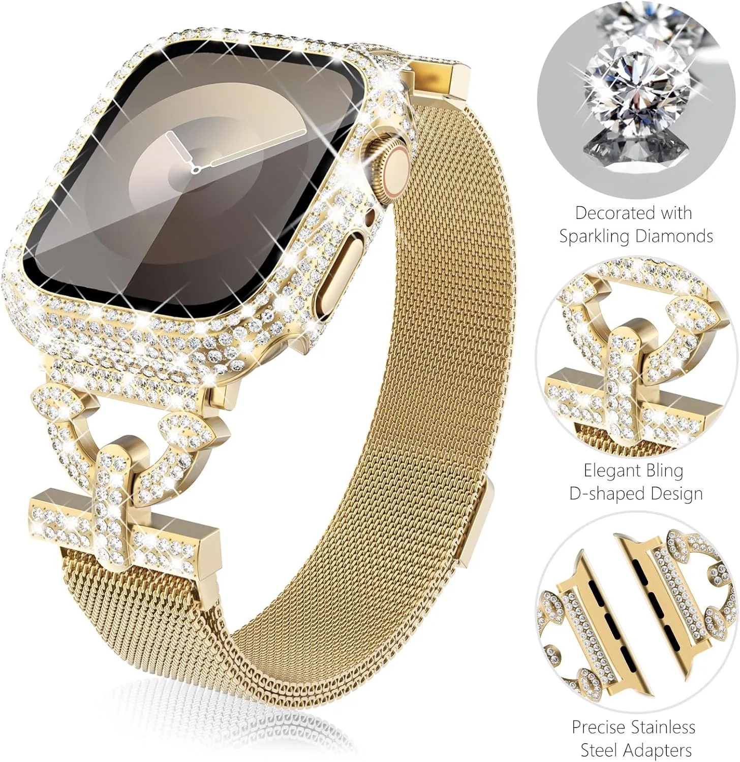 WINGLE Milanese Loop for Gold Apple Watch Bands 45mm Series 9 8 7 Women Slim Magnetic Metal Mesh Band with Bling Glitter Case Screen Protector Dressy Apple Watch Band iWatch Strap for Woman