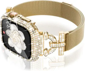 WINGLE Milanese Loop for Gold Apple Watch Bands 45mm Series 9 8 7 Women Slim Magnetic Metal Mesh Band with Bling Glitter Case Screen Protector Dressy Apple Watch Band iWatch Strap for Woman