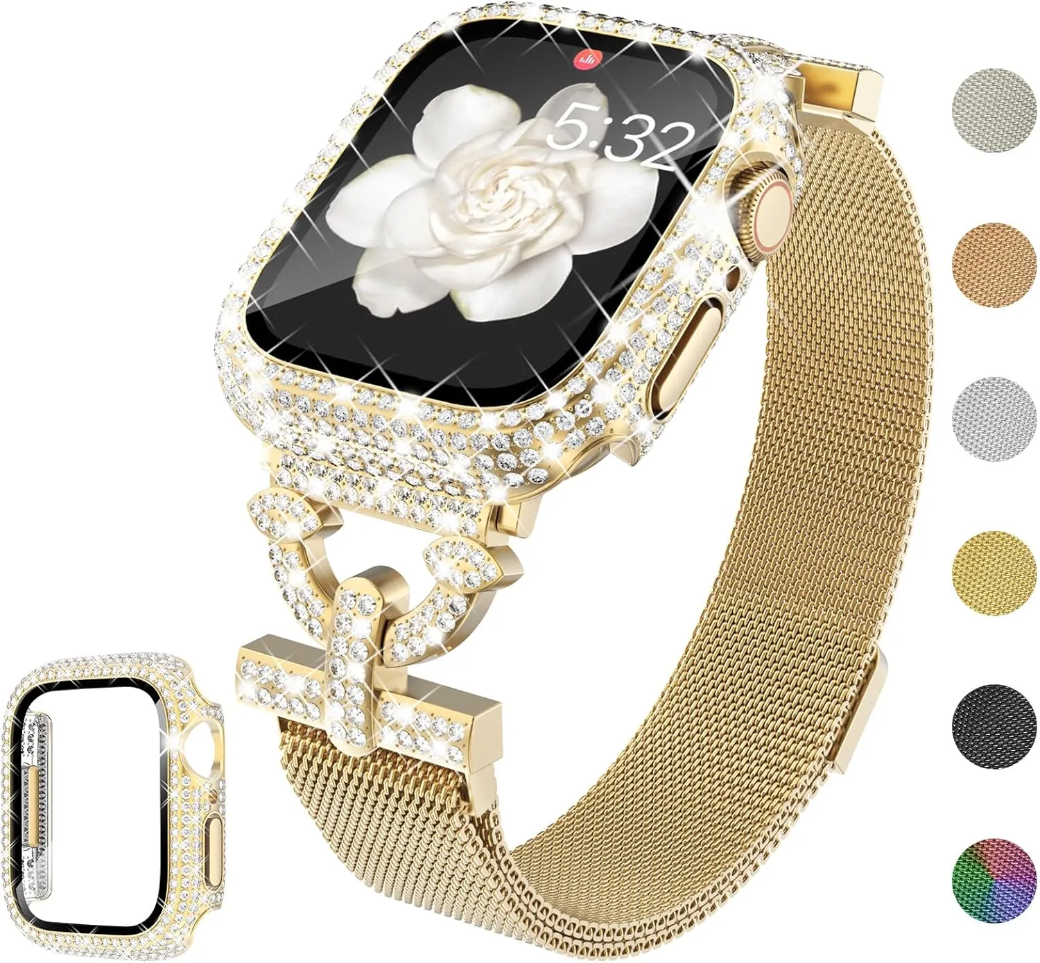 WINGLE Milanese Loop for Gold Apple Watch Bands 45mm Series 9 8 7 Women Slim Magnetic Metal Mesh Band with Bling Glitter Case Screen Protector Dressy Apple Watch Band iWatch Strap for Woman