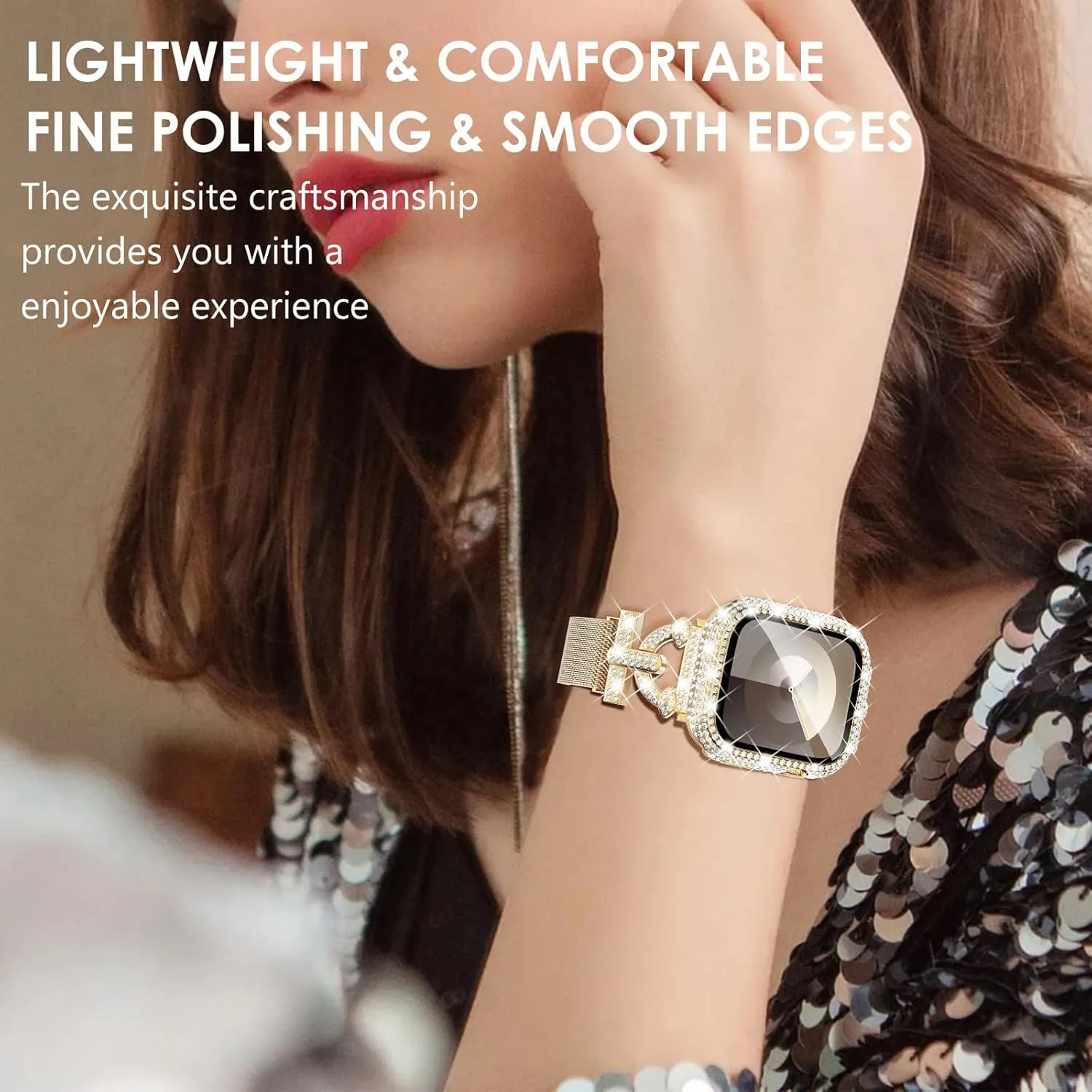 WINGLE Milanese Loop for Gold Apple Watch Bands 45mm Series 9 8 7 Women Slim Magnetic Metal Mesh Band with Bling Glitter Case Screen Protector Dressy Apple Watch Band iWatch Strap for Woman