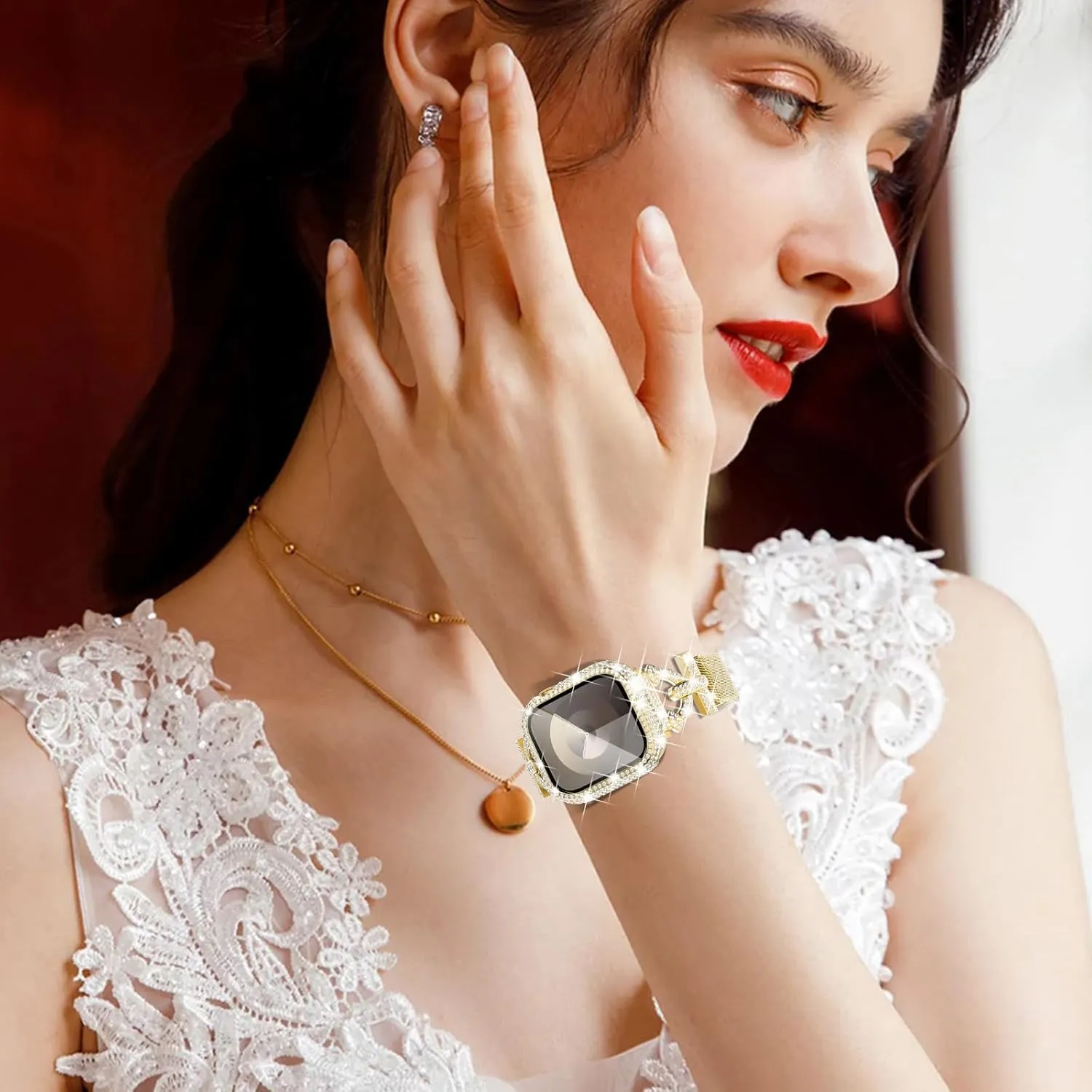 WINGLE Milanese Loop for Gold Apple Watch Bands 45mm Series 9 8 7 Women Slim Magnetic Metal Mesh Band with Bling Glitter Case Screen Protector Dressy Apple Watch Band iWatch Strap for Woman