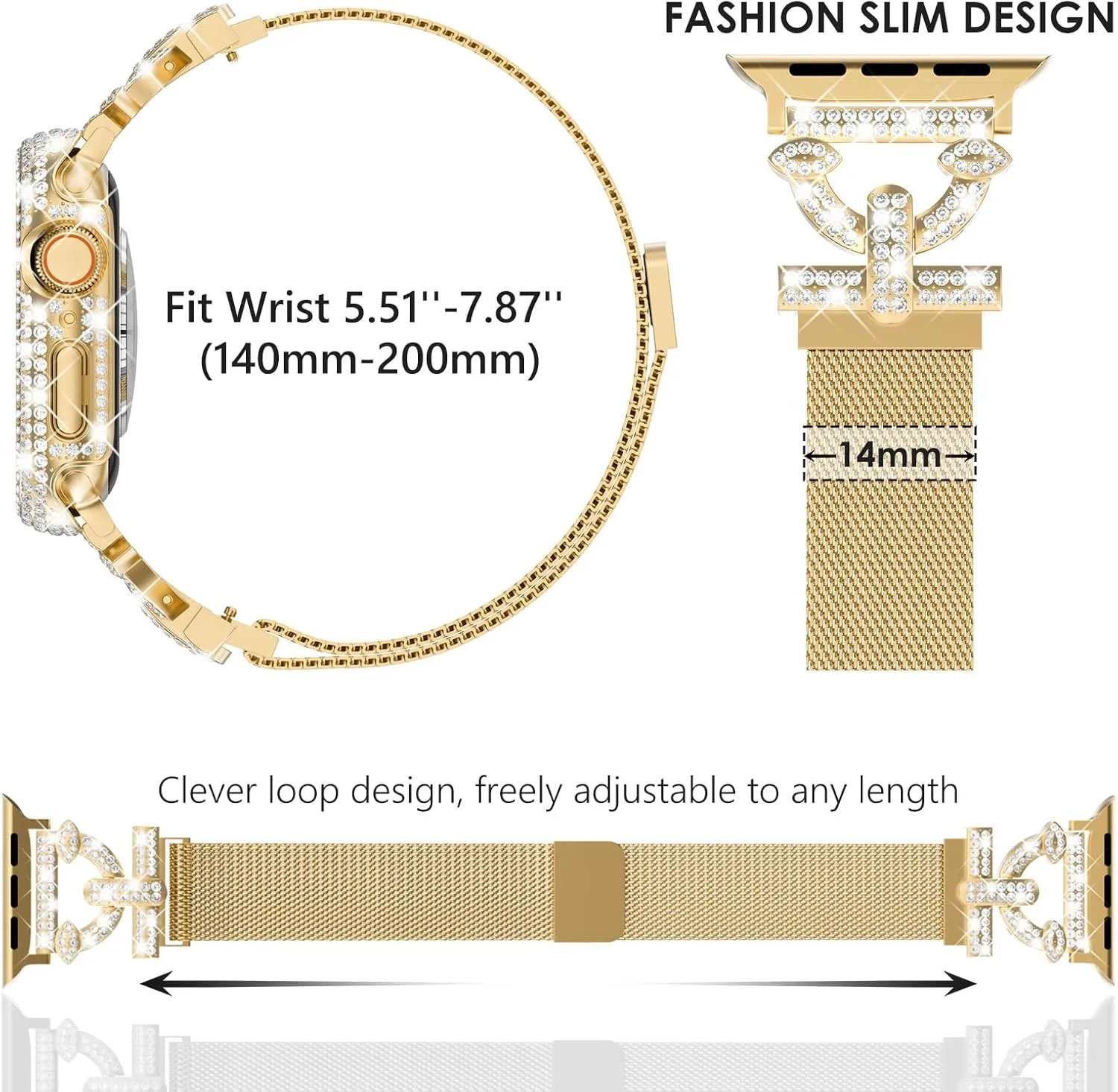 WINGLE Milanese Loop for Gold Apple Watch Bands 45mm Series 9 8 7 Women Slim Magnetic Metal Mesh Band with Bling Glitter Case Screen Protector Dressy Apple Watch Band iWatch Strap for Woman
