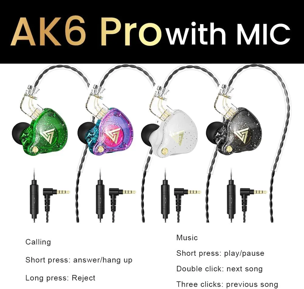Wired Gaming Earbuds 4 Pack, AK6 PRO in Ear Monitors, Deep Bass Sound Wired Earbuds, HiFi in Ear Headphones with New 1DD 10mm Dynamic Driver, IEM for Music Gaming Video Calling (Four Colors)