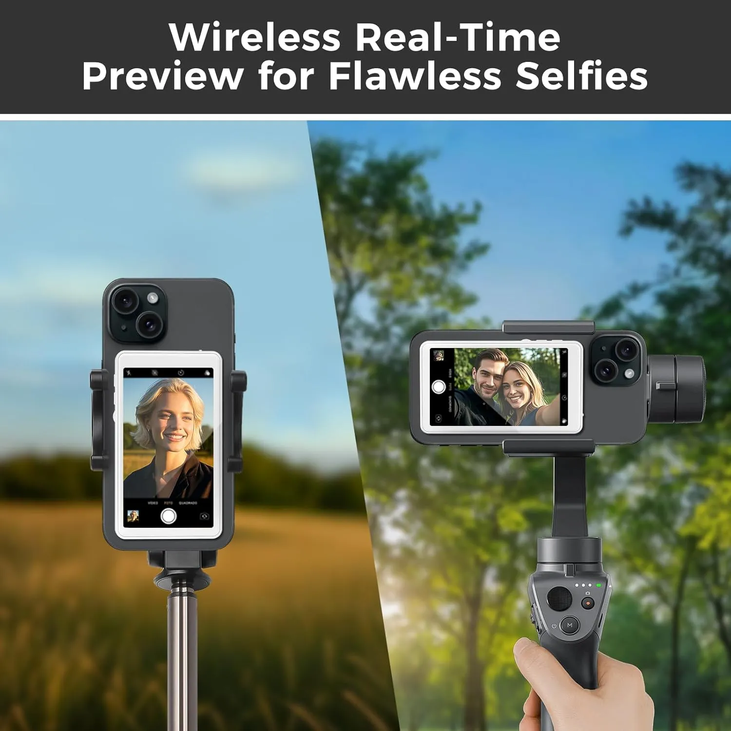 Wireless Selfie Monitor Screen for iPhone & Android1800mAh with Bluetooth Remote, 3-Level Brightness & Wide Screen Mode, Using Phone Rear Camera for Selfie Vlog No Delay Live Stream for TikTok White