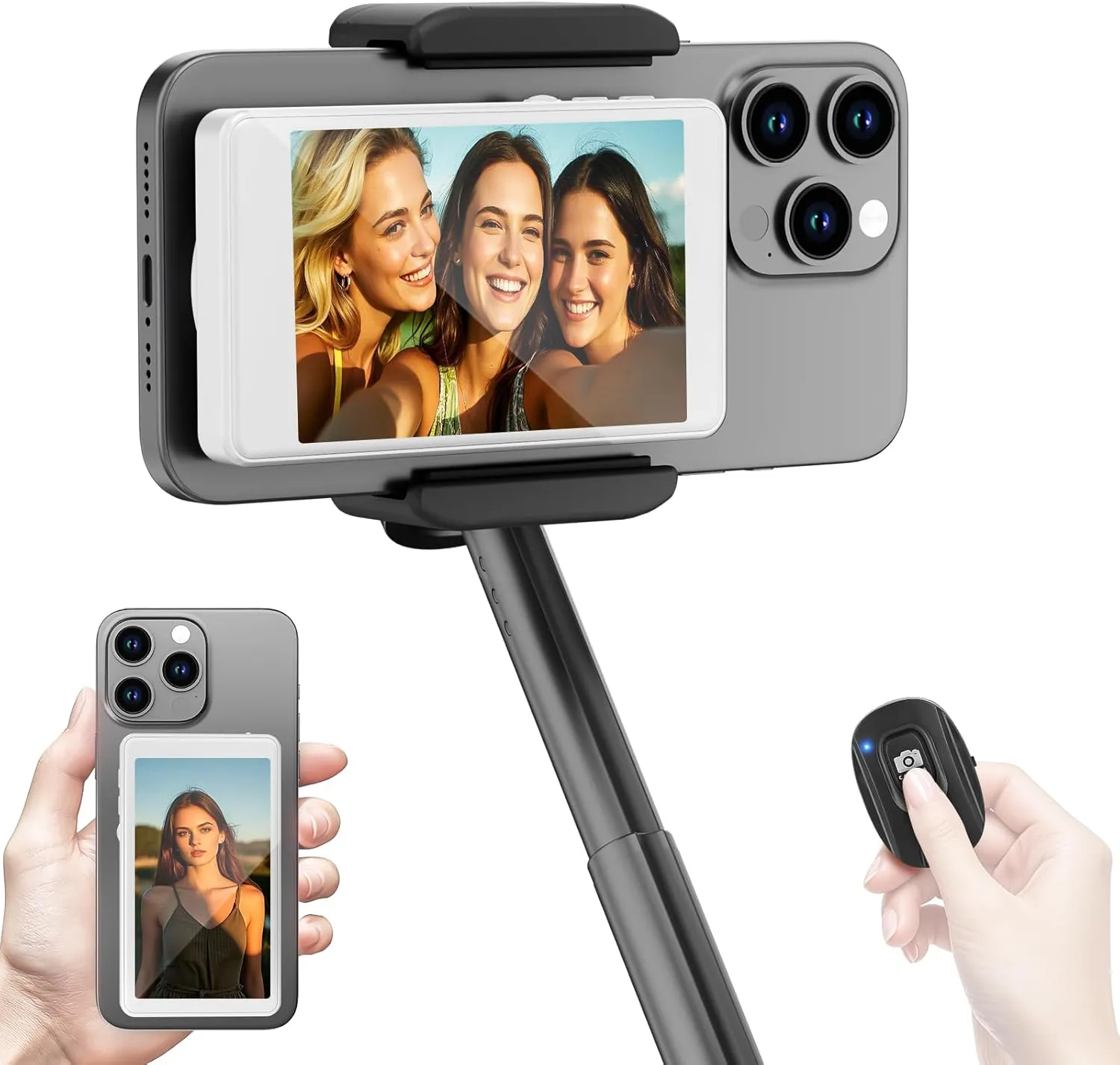 Wireless Selfie Monitor Screen for iPhone & Android1800mAh with Bluetooth Remote, 3-Level Brightness & Wide Screen Mode, Using Phone Rear Camera for Selfie Vlog No Delay Live Stream for TikTok White