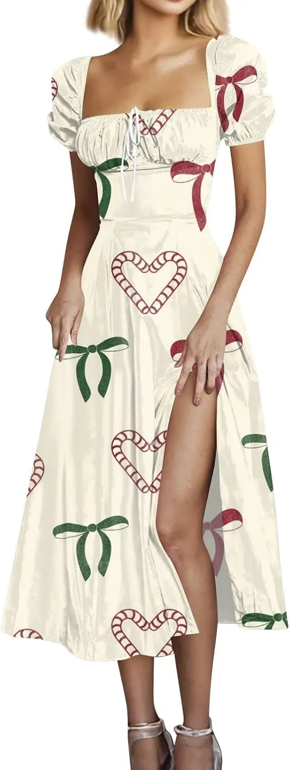 Women's Summer Casual Loose Trendy Bubble Sleeve Square Neck Split Bow Floral Print Dresses 2025 Plus Size, XS-3XL