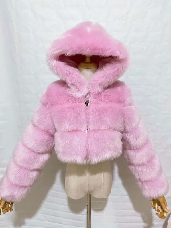 Women'S White Faux Fur Coats Long Sleeves Hooded Lilac Polyester Lining Short Winter Coat