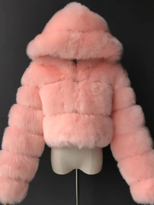 Women'S White Faux Fur Coats Long Sleeves Hooded Lilac Polyester Lining Short Winter Coat