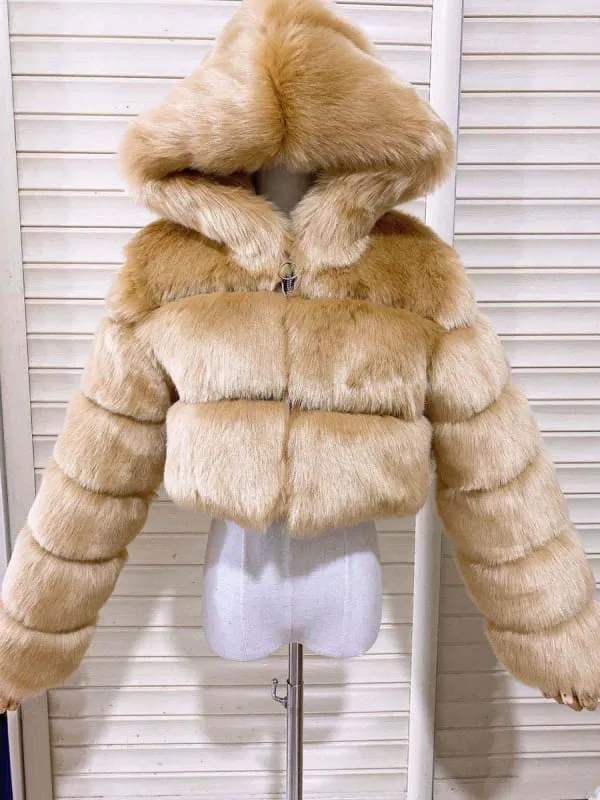Women'S White Faux Fur Coats Long Sleeves Hooded Lilac Polyester Lining Short Winter Coat