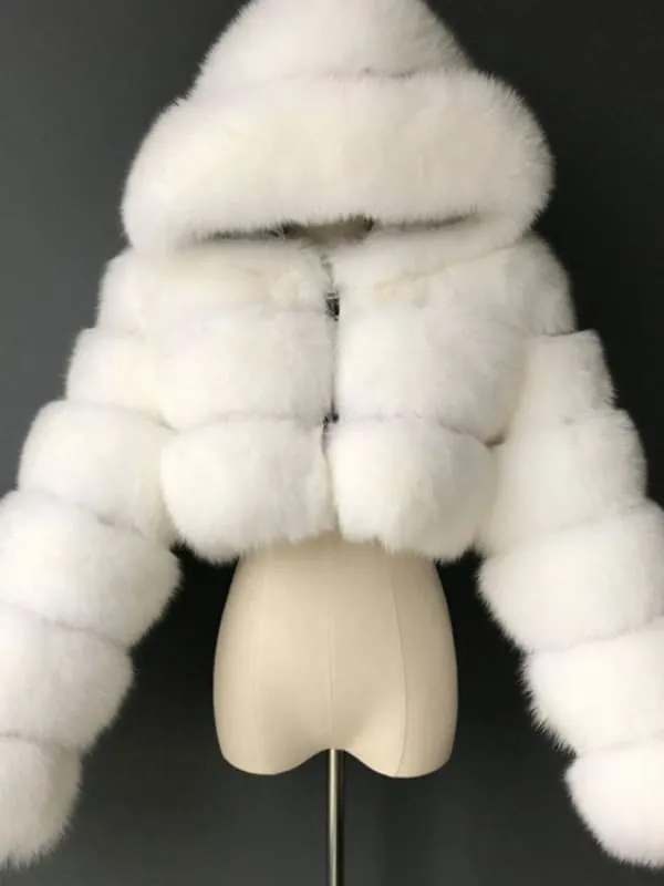 Women'S White Faux Fur Coats Long Sleeves Hooded Lilac Polyester Lining Short Winter Coat