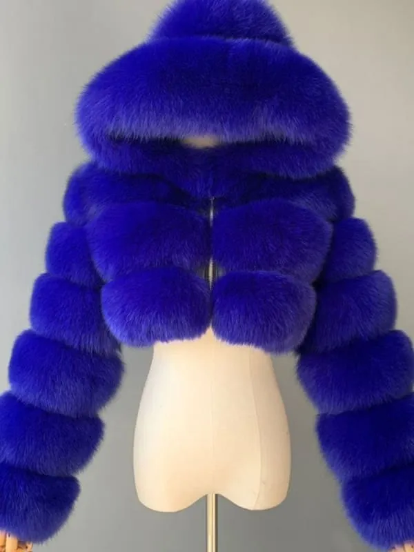 Women'S White Faux Fur Coats Long Sleeves Hooded Lilac Polyester Lining Short Winter Coat