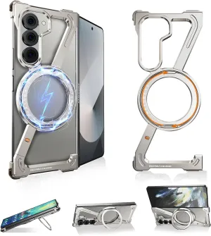 Z Case Frameless Case for Samsung Galaxy Z Fold 6 Phone Case,Minimalist Case with Magnetic Kickstand 360 Rotatable,Bezel Less Slim Metal Case with Ring Holder Magnetic Stand for iPhone,Bumper Case