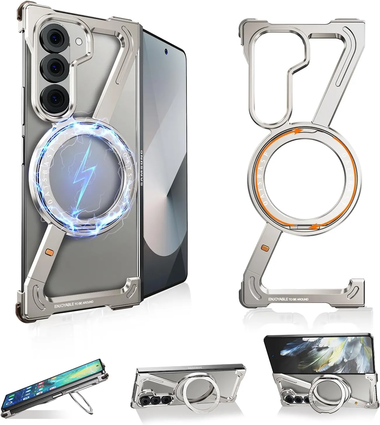 Z Case Frameless Case for Samsung Galaxy Z Fold 6 Phone Case,Minimalist Case with Magnetic Kickstand 360 Rotatable,Bezel Less Slim Metal Case with Ring Holder Magnetic Stand for iPhone,Bumper Case